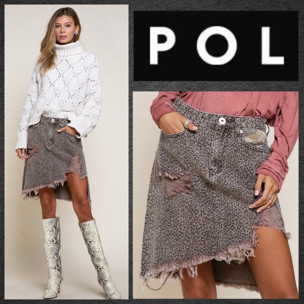 📌 POL "Animal Camo" Distressed Asymmetrical Hem Sexy Denim Skirt Pockets Casual